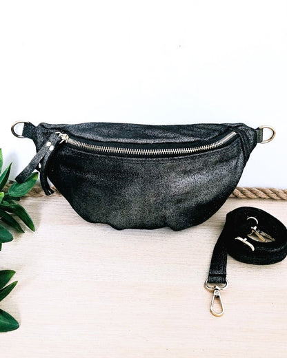 Sac banane Kim en cuir irisé vert foncé
