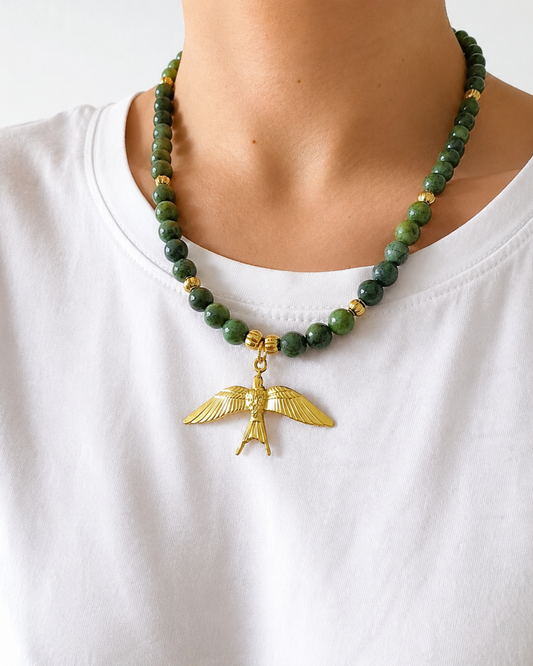 Collier Hirondelle perles de jade - création Bahia